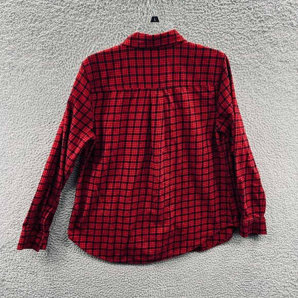 Womens Flannel Shirt L Red Black‎ Plaid Embroidered Floral Cotton Casual Cozy - Picture 2 of 9